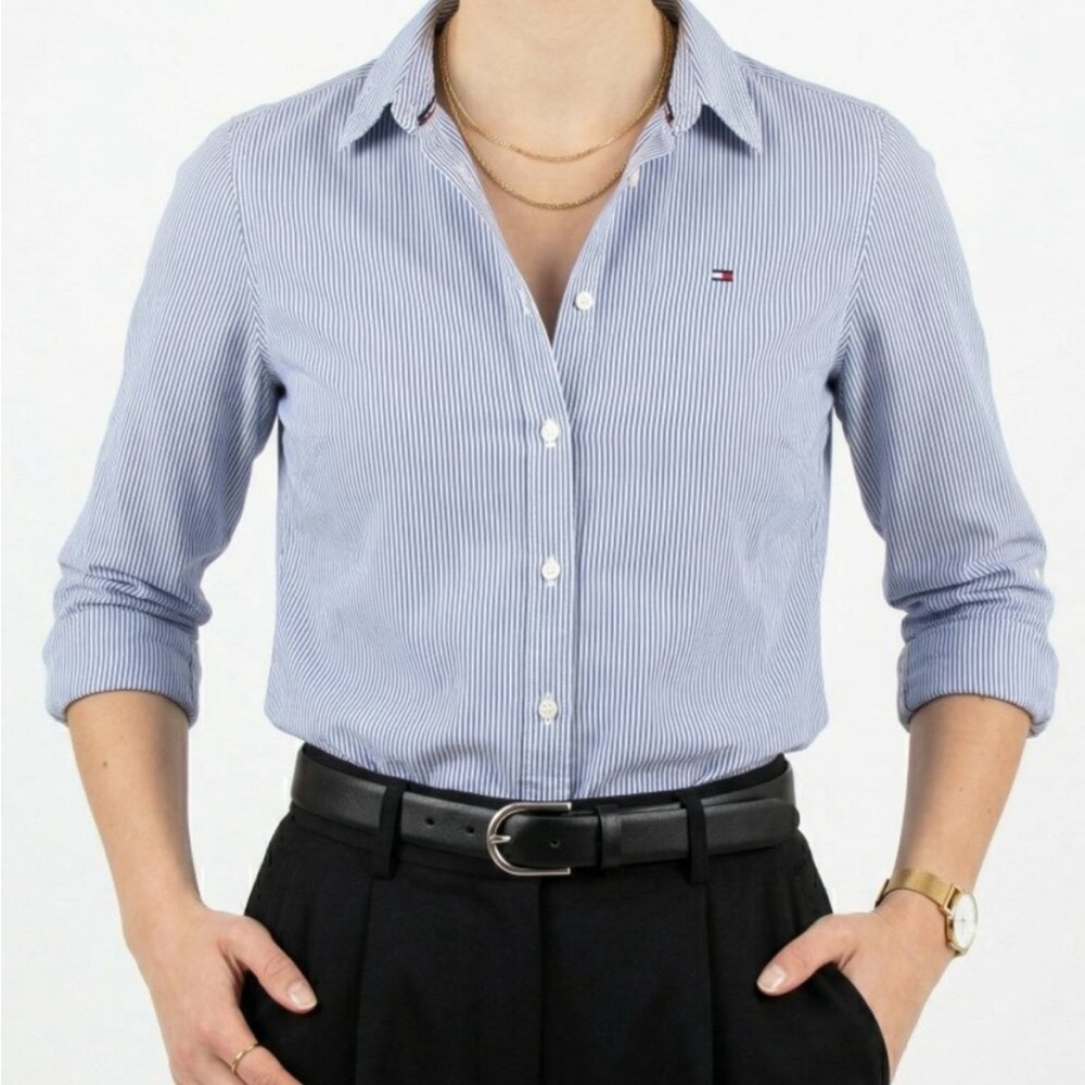 Tommy Hilfiger Blue and White Pinstripe Casual Button-Down Shirt